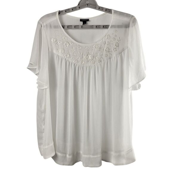 Torrid Large White Sheer to Semi-Sheer Short Sleeved Blouse Embroidered flowers - Picture 10 of 15